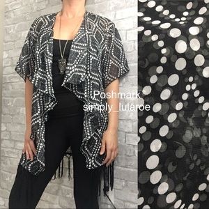 LuLaRoe Monroe sheer black and white kimono with tassel fringe